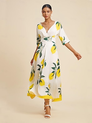 cheap -Satin Fruit Print V Neck Maxi Dress