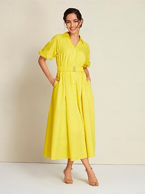 cheap -100% Cotton Hem Button Up Belted Maxi Shirt Dress