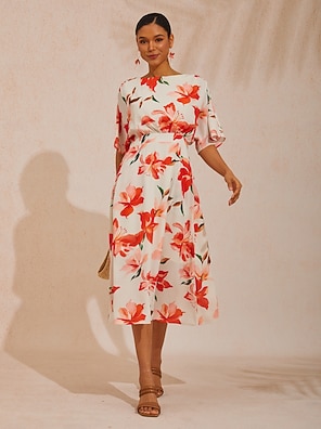OKSakady Abito Lungo Estivo Kaftano Donna – Tunica A Maniche 3/4 Con Stampa Floreale, Morbido In Cotone Artificiale – Maxi Abito Da Spiaggia E Tempo Libero, Taglia Unica