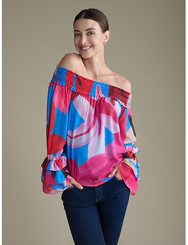 Chiffon Elastic Cuff Floral Off Shoulder Blouse Ador Pink