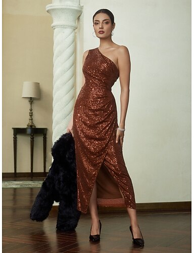 knee length dresses for ladies Ashley Lauren 11302 - Long Sleeve Sequin Evening Gown 14 / Rose Gold main image 0
