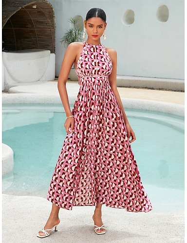 Rayon Geometric Lace Trim Maxi Dress Ador Pink 2025 $99 XS