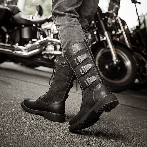 Combat Boots Mens Black Motorcycle Boots Mens Biker Leather