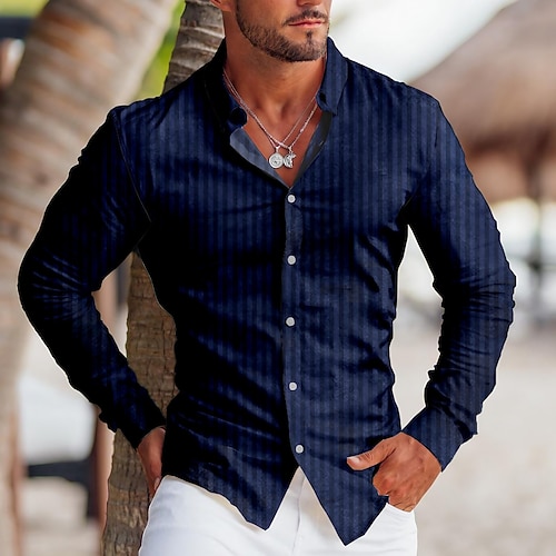 Chemise Homme Streetwear Coréen - Rayures Verticales, Manches Longues - Tissu Polyester - Printemps/Été