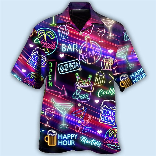 V.H.O Funky Hawaiian Shirt - Beerbottle Print, Blue, Men's Short Sleeve Casual Shirt, Size L
