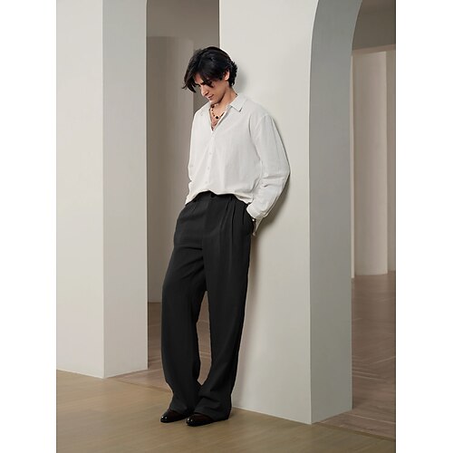 40% Linen Men's Linen Pants Trousers Summer Pants Pleated Pants Front Pocket  Straight Leg Plain Comfort Breathable Casual Daily Holiday Fashion Basic  Black Khaki 2024 - US $29.99