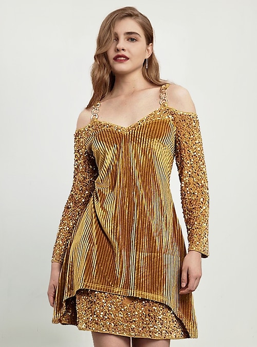 Women's Velvet Dress Sequin Dress Party Dress Mini Dress Gold Long Sleeve  Pure Color Sequins Glitter Sparkly Spring Fall Winter V Neck Fashion Party  Hot Winter Dress Christmas Wedding Guest 2023 S M L