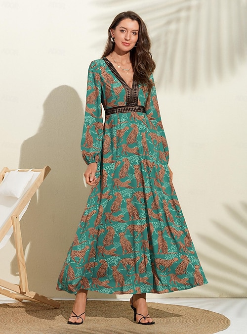 knee length dresses for ladies Green Leopard Print Long Sleeve Smock Midi Dress – AX Paris main image 1