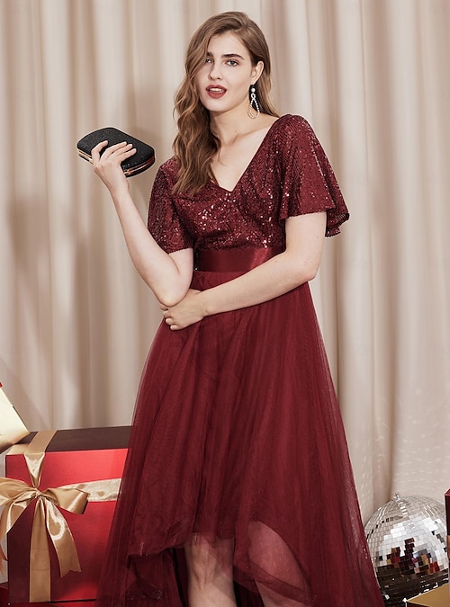  Womens Fall Fashion 2022 Mock Neck Mesh Panel Sequin Prom Dress  (Color : Burgundy, Size : X-Large) : Clothing, Shoes & Jewelry