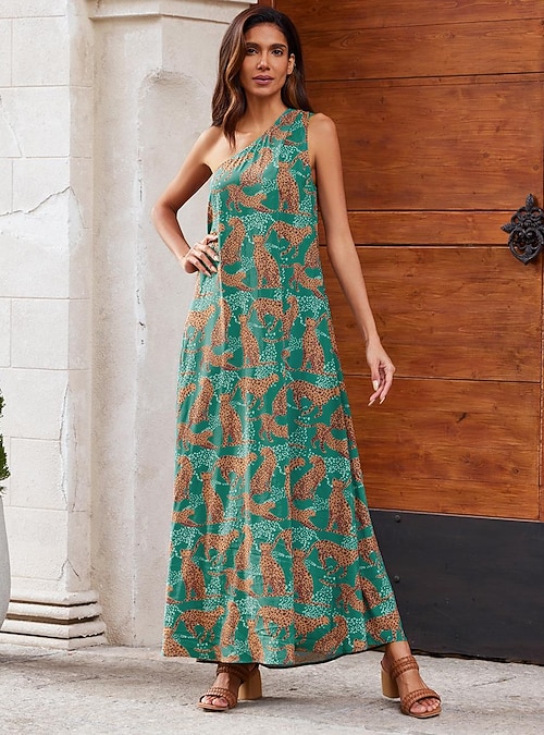 Leopard Print One Shoulder Maxi Dress Ador Green 2026 $56 XS S M L XL 2XL  3XL 4XL