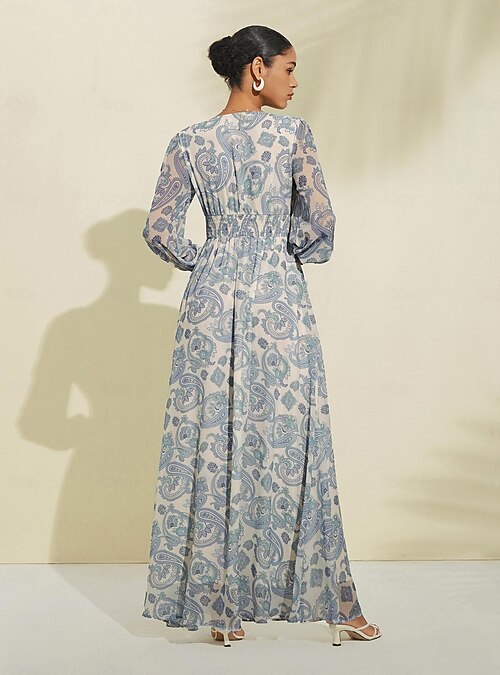 Women's Bridal Shower Dress Summer Dress Print Dress Long Dress Maxi Dress  Blue Long Sleeve Curve Floral Botanical Tropical Flowers Floral Style Print  Spring & Summer V Neck Beach Vacation Date S M L