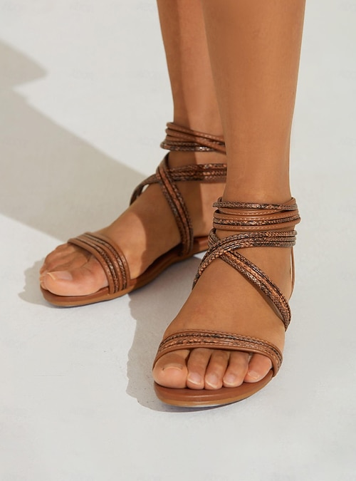Women's Bohemian Flat Sandals – Woven Strappy Summer Sandals With Buckle – Comfy For Beach, Office & Daily Wear