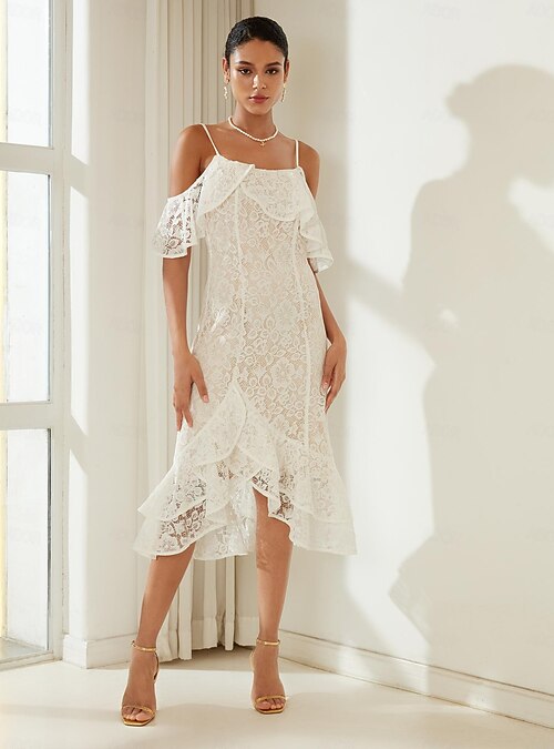 White Floral Lace Ruffle Spaghetti Strap Cold Shoulder Party/Wedding Guest  Midi Dress dress to impress 2024 Ador White 2026 $80 XS S M L XL 2XL 3XL 4XL