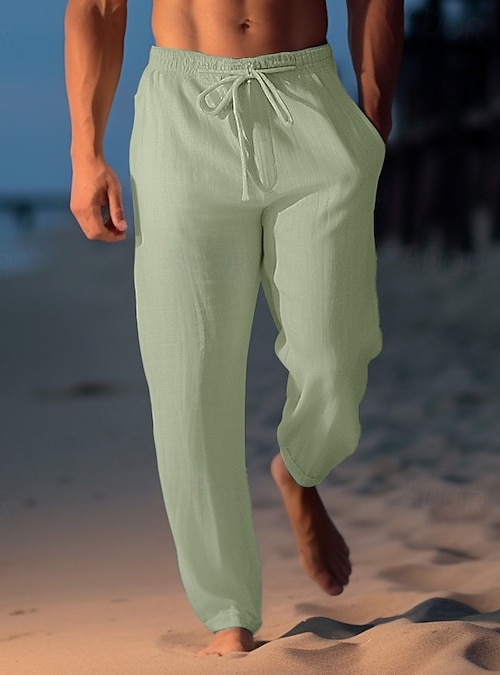 Men's Linen Pants Trousers Summer Pants Beach Pants Drawstring Elastic  Waist Straight Leg Plain Comfort Breathable Casual Daily Holiday Fashion  Classic Style Light Khaki Black Ador Blue Green White Black Red Dark
