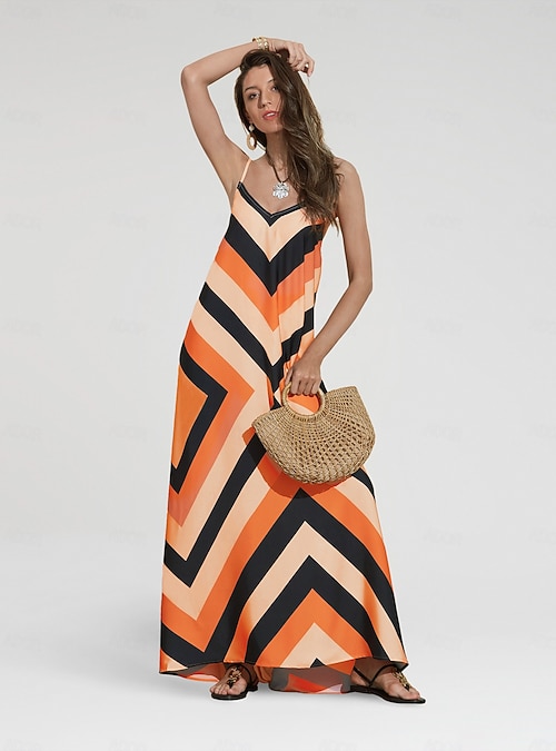 Satin Striped Graphic Spaghetti Strap Maxi Dress Ador 2026 $50.00 XS S M L  XL 2XL 3XL 4XL