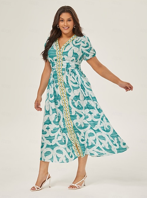 Puff Sleeve V Neck Midi Dress Ador Blue 2025 $64.5 XS S M L XL 2XL