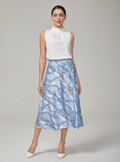 ★E.B.M★ Stitched A-line banding skirt EMP1WSK040 Chain Block Pattern A-line Hem Skirt Ador Sky Blue 2025 $49