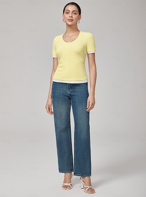 Eggshell Yellow Color-Block Knit Short-Sleeve Top Ador White