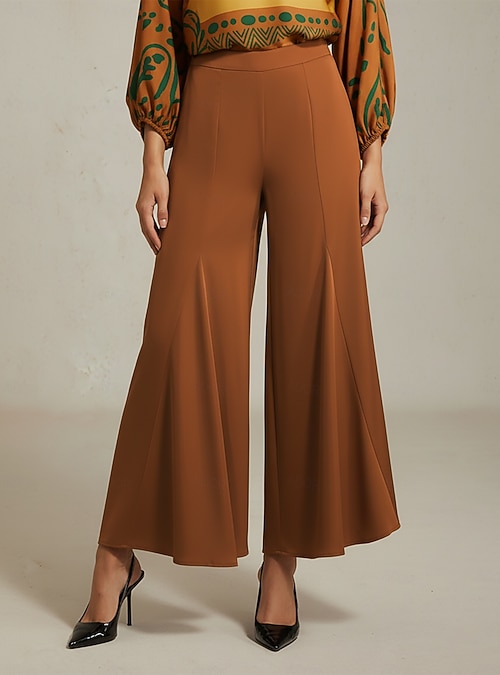 pantaloni larghi da donna in raso color cachi con elastico in vita