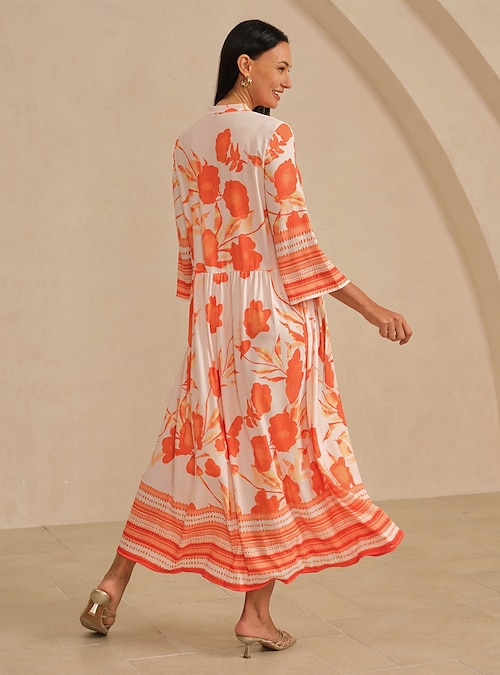 knee length dresses for ladies Burnt Orange Floral Long Sleeve Midi Dress S