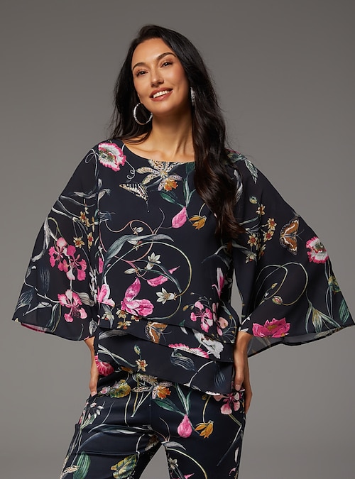 Chemisier Femme INC Noir à Fleurs - Taille M/L, Manches 3/4, Coton, Occasion Très Bon état