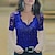 abordables Tops &amp; Blouses-Mujer Camiseta Negro Vino Azul Piscina Encaje Retazos Plano Casual Fin de semana Manga Corta Escote en Pico Básico Regular Pintura S