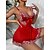 cheap Super Sale-Women&#039;s Sexy Bodies Chemises &amp; Negligees 2 Pieces Flower Fashion See Through Soft Christmas Bed Polyester Straps Sleeveless Transparent Including Panties Including Garter Belts Summer Red