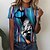 cheap T-Shirts-Women&#039;s T shirt Tee Blue Print Cat Butterfly Casual Weekend Short Sleeve Round Neck Basic Regular Butterfly 3D Cat Painting S