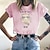 baratos T-shirts-Mulheres Camiseta Rosa Verde Claro Fúcsia Imprimir Gato Texto Casual Final de semana Manga Curta Decote Redondo Básico Algodão Padrão Gato Pintura S