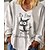 cheap Women&#039;s T-shirts-Women&#039;s Plus Size T shirt Tee Cat Letter Daily White Green Gray Print Long Sleeve Chinoiserie V Neck Regular Fit Fall Winter Fall &amp; Winter