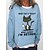 cheap Hoodies &amp; Sweatshirts-Women&#039;s Pullover Print Basic Casual Khaki Light Grey Light Blue Cat Letter Casual Loose Fit Long Sleeve Crew Neck S M L XL XXL 3XL
