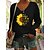 cheap T-Shirts-Women&#039;s T shirt Tee Green Blue Gray Print Sunflower Text Sports Weekend Long Sleeve V Neck Basic Cotton Regular Floral Painting S