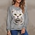 abordables Sudaderas y capuchas-Mujer Sudadera Pull-over Estampado Activo Ropa de calle Gris Gato 3D Diario Manga Larga Escote Redondo