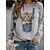cheap Hoodies &amp; Sweatshirts-Women&#039;s T shirt Tee Black White Grey Print Cat 3D Daily Weekend Long Sleeve Round Neck Basic Regular 3D Cat Painting S