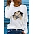 abordables Sudaderas y capuchas-Mujer Camiseta Blanco Estampado Gato 3D Diario Fin de semana Manga Larga Escote Redondo Básico Regular Gato 3D Pintura S