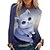 billige Hættetrøjer &amp; sweatshirts-Dame T-shirt Blå Lilla Orange Trykt mønster Kat 3D Daglig Weekend Langærmet Rund hals Basale Normal 3D kat Maleri S