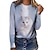 abordables T-shirts-Mujer Camiseta Negro Blanco Gris Oscuro Estampado Gato 3D Diario Fin de semana Manga Larga Escote Redondo Básico Regular Gato 3D Pintura S