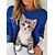 billige Hættetrøjer &amp; sweatshirts-Dame T-shirt Blå Trykt mønster Kat 3D Daglig Weekend Langærmet Rund hals Basale Normal 3D kat Maleri S