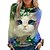 billige Hættetrøjer &amp; sweatshirts-Dame T-shirt Blå Lilla Orange Trykt mønster Kat 3D Daglig Weekend Langærmet Rund hals Basale Normal 3D kat Maleri S