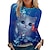 baratos Moletons-Mulheres Camiseta Azul Roxo Laranja Imprimir Gato 3D Diário Final de semana Manga Longa Decote Redondo Básico Padrão Gato 3D Pintura S