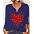 billige Hættetrøjer &amp; sweatshirts-Dame T-shirt Sort Blå Grøn Knap Trykt mønster Hjerte Valentine Weekend Langærmet V-hals Basale Normal Maleri S