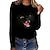 billige T-shirts-Dame T skjorte Svart Hvit Mørkegrå Trykt mønster Katt 3D Daglig Helg Langermet Rund hals Grunnleggende Normal 3D Cat Maling S