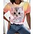billige T-shirts-Dame T skjorte Katt 3D Rosa Trykt mønster Kortermet Daglig Helg Grunnleggende Rund hals Normal