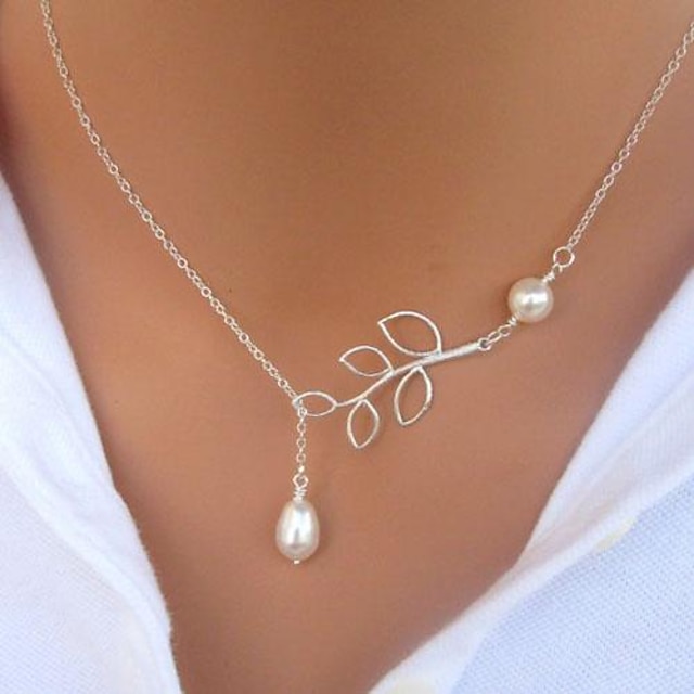  Women's Pearl Pendant Necklace Y Necklace Lariat Leaf Ladies Basic Fashion Simple Style Pearl Imitation Pearl Alloy Silver Pearl Chain Necklace 1 Pearl Chain Necklace 3 Silver Moon Chain Necklace