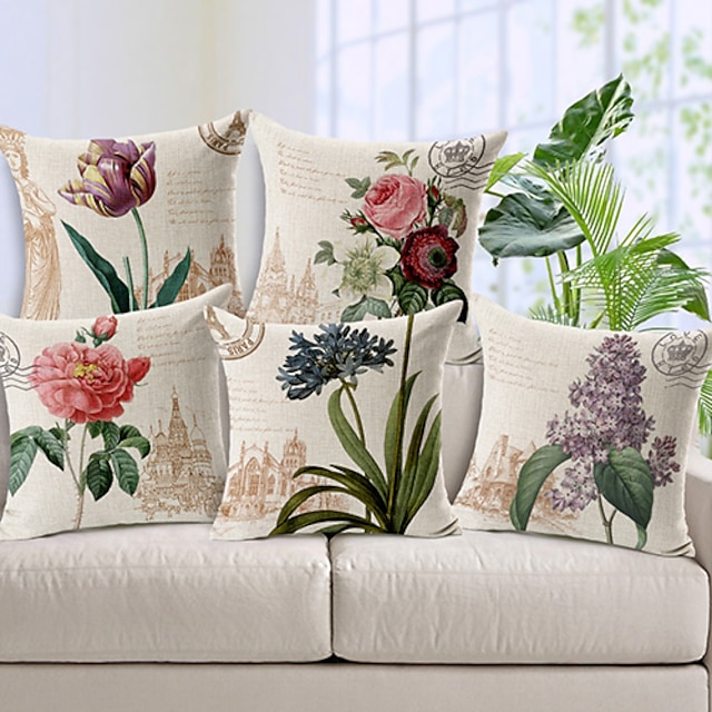  5 PC Cobertor de Cojín Rústico Floral Cremallera Cuadrado Tradicional Clásico / Sala de estar
