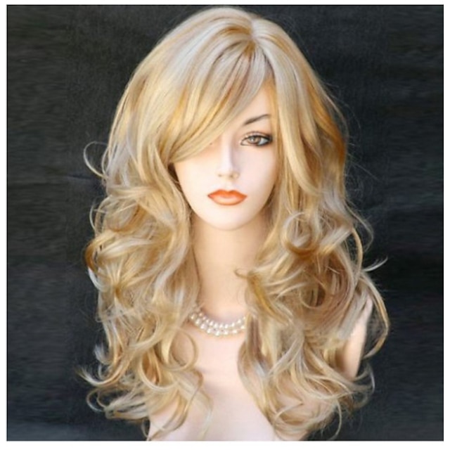  Synthetic Wig Body Wave Wavy With Bangs Wig Long Black Black / Red Blonde Synthetic Hair 22 inch Women's Side Part Blonde