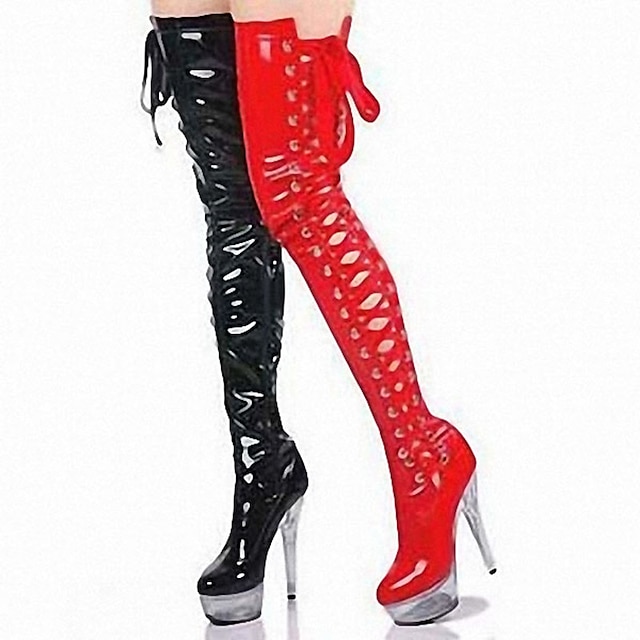  Women's Boots Stiletto Heel Boots Sexy Boots Party & Evening Club Solid Colored Crotch High Boots Thigh High Boots Ribbon Tie Lace-up Platform Stiletto Heel Closed Toe Sexy Patent Leather Zipper
