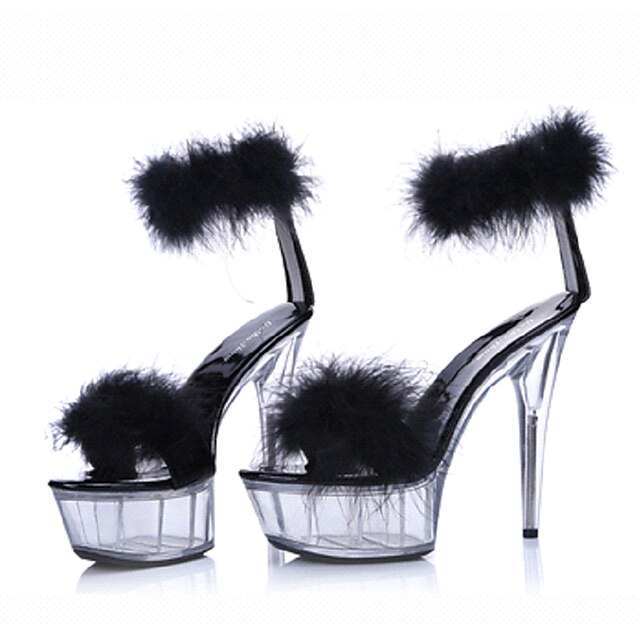  Women's Sandals Furry Feather Plus Size Handmade Wedding Party & Evening Club Solid Colored Stripper Heels High Heel Sandals Summer Feather Platform Stiletto Heel Open Toe Sexy Sweet Patent Leather