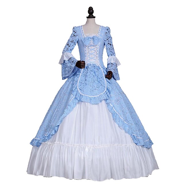  Princess Maria Antonietta Elegant Rococo Victorian Dress Prom Dress Lace Cotton Women's Girls' Party Prom Japanese Cosplay Costumes Plus Size Customized Blue Floral Ball Gown Long Sleeve Long Length