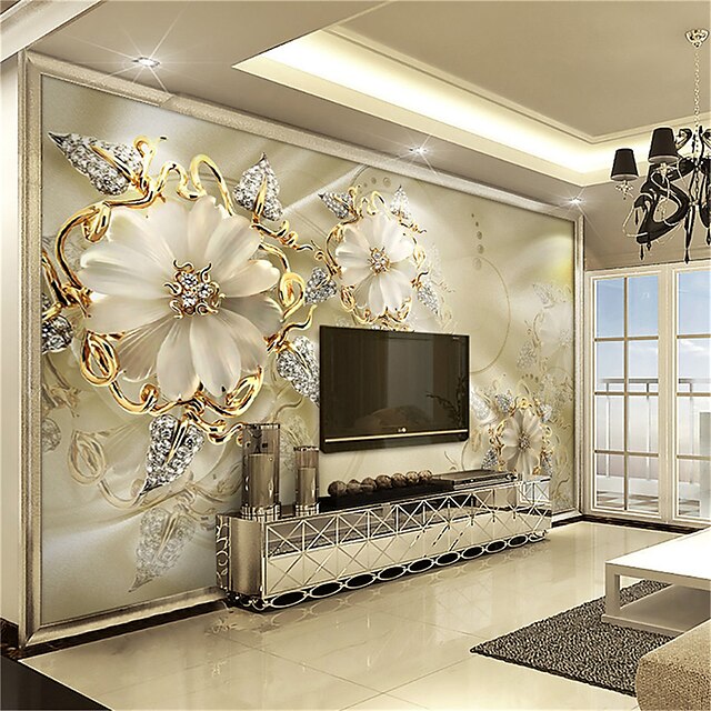  Cool Wallpapers Wall Mural 3D Golden Flower Wallpaper for Walls European Luxury Style Diamond Adhesive Required Canvas for Living Room Hotel Background Home Décor